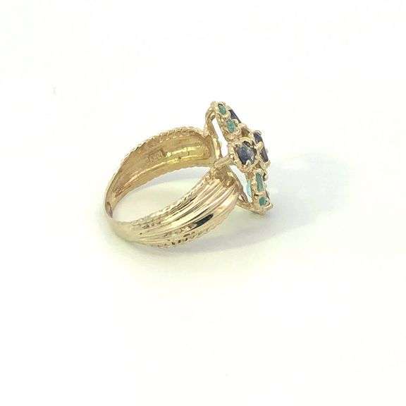 10K Yellow Gold Syn. Blue Topaz Tanzanite Flower Cocktail Ring