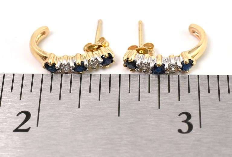 Attractive Blue Sapphire and Diamond J-Hoop Earrings in 14K Yellow Gold