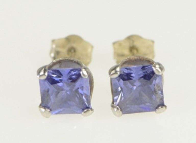 10K White Gold Princess Cut Iolite Solitaire Square Stud Earrings