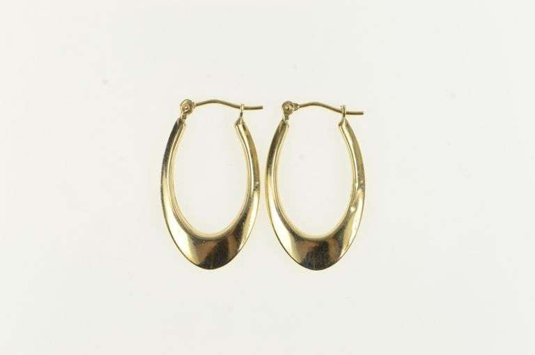 14K Yellow Gold 25.4mm Oval Vintage Puffy Statement Hoop Earrings