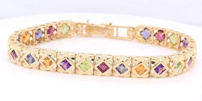 Powerful Yellow Gold Square Cut Peridot, Garnet, Iolite, Citrine and Amethyst Link Bracelet