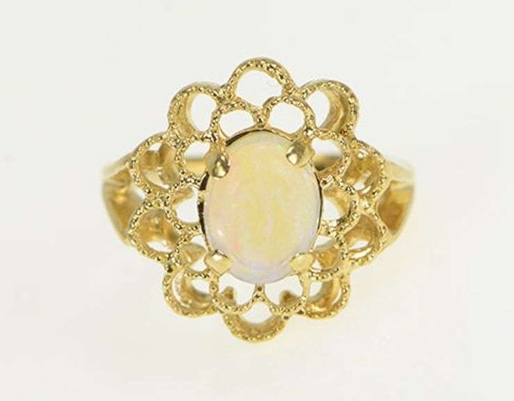 14K Yellow Gold Opal Cabochon Petal Floral Halo Cocktail Ring