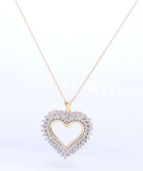 Sparkling Yellow Gold Double Halo Diamond Heart Shaped Pendant on Chain