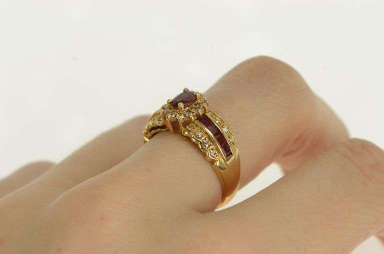 14K Yellow Gold Natural Ruby Diamond Halo Engagement Ring