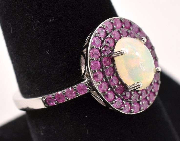 Radiant 2.3CTS Opal & 0.96CTW Ruby Ring in Sterling Silver