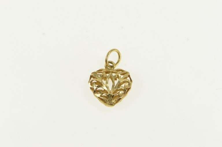 14K Yellow Gold Diamond Cut Filigree Puffy Heart Love Charm/Pendant