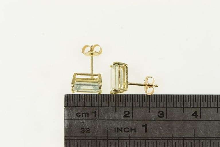 14K Yellow Gold Emerald Cut Aquamarine Solitaire Stud Earrings