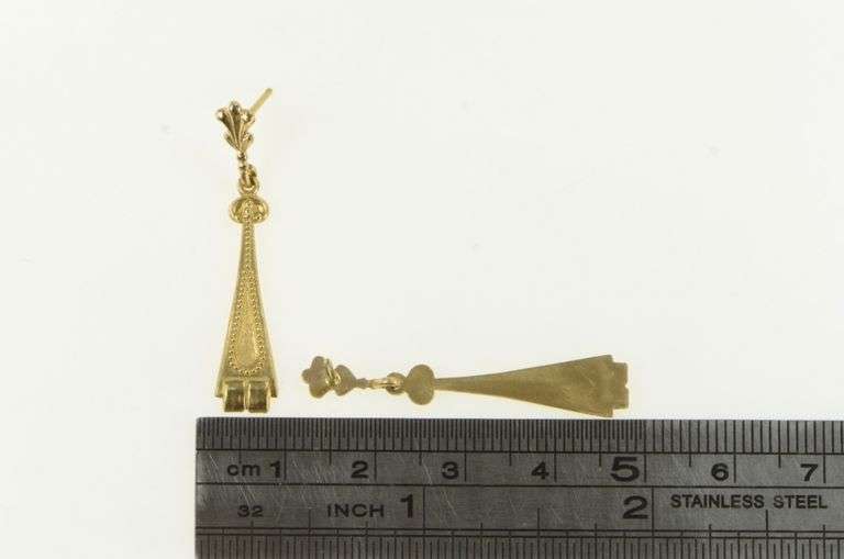 14K Yellow Gold Art Deco Elaborate Dangle Bar Decorative Drop Earrings