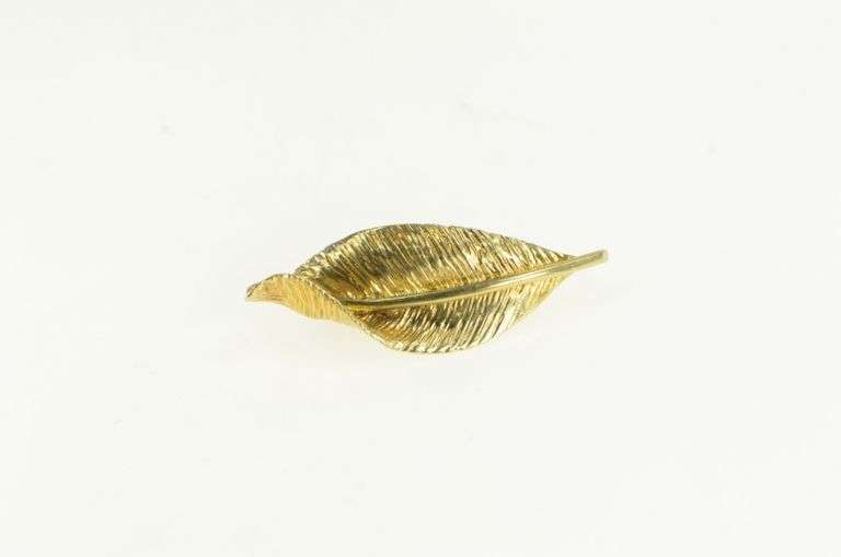 14K Yellow Gold Curvy Textured Vintage Leaf Feather Pin/Brooch