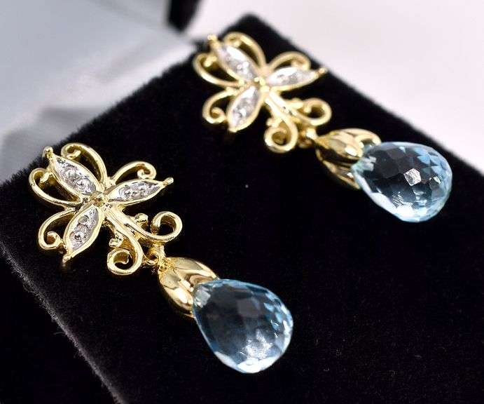 Magical Blue Topaz and Diamond Stud Earrings In Yellow Gold
