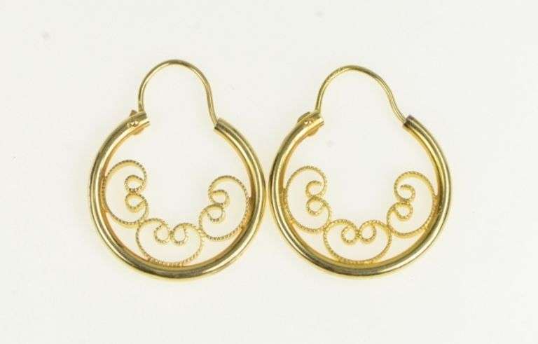 14K Yellow Gold Ornate Scroll Filigree 16.4mm Vintage Hoop Earrings