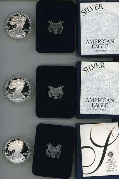 2002, 2003, & 2005 Proof $1 American Silver Eagles. Box/COA