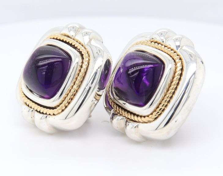 Tiffany & Co Amethyst Cab Silver and Gold Earrings