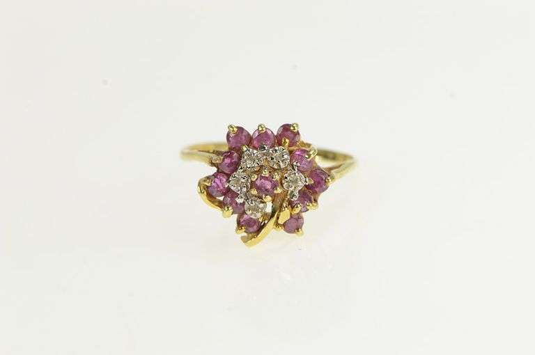 14K Yellow Gold Diamond Ruby Ornate Flower Cluster Vintage Ring