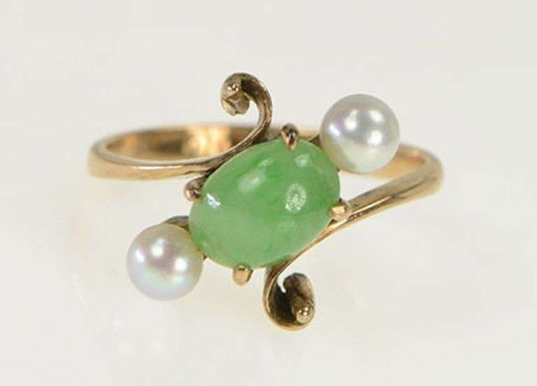14K Yellow Gold Oval Jade Pearl Accent Vintage Bypass Ring