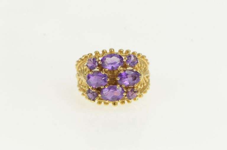 14K Yellow Gold Ornate Retro Amethyst Statement Cluster Ring