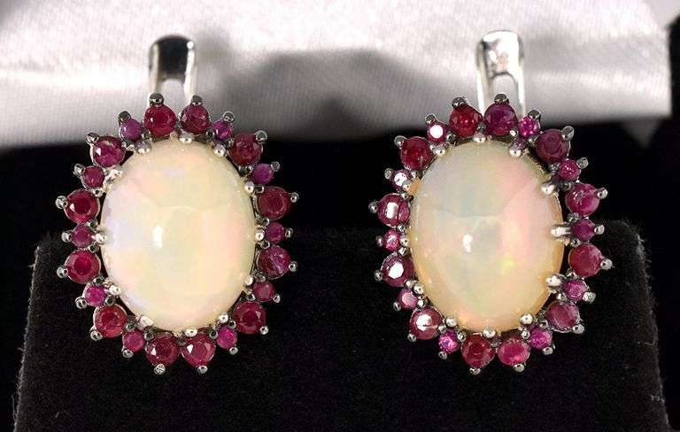 Sensational 7.60CTW Opal & 1.98CTW Ruby Earrings in Sterling Silver