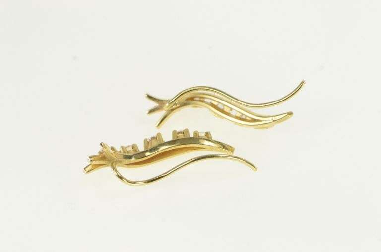 14K Yellow Gold Vintage Curvy CZ Wave Drop Dangle Ear Cuff Earrings