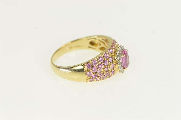 14K Yellow Gold Pink Sapphire Diamond Pave Engagement Ring