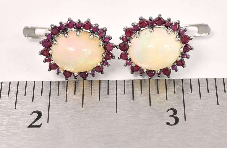 Sensational 7.60CTW Opal & 1.98CTW Ruby Earrings in Sterling Silver