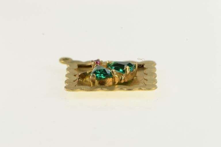 14K Yellow Gold 1960's Syn. Emerald Wedding Bell Square Charm/Pendant