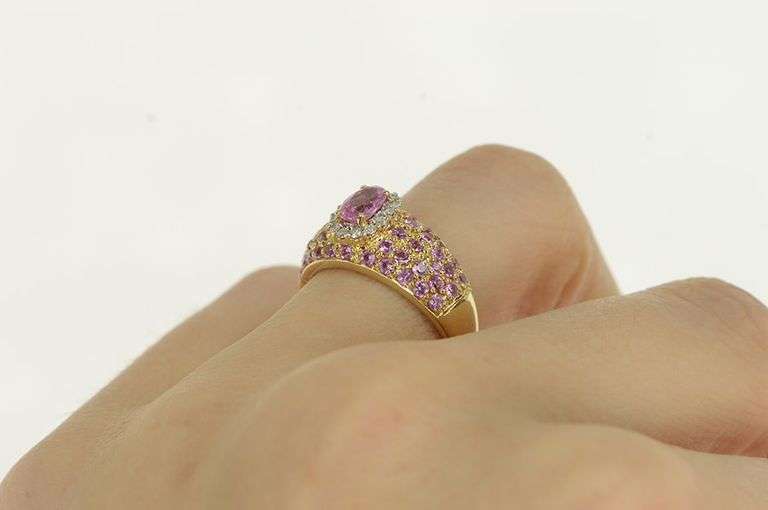 14K Yellow Gold Pink Sapphire Diamond Pave Engagement Ring