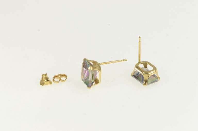 14K Yellow Gold Emerald Cut Mystic Topaz Vintage Stud Earrings