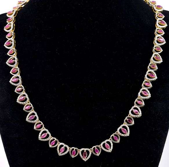 Mesmerizing 9.86CTW Marquise Cut Ruby & 5.00CTW Diamond Necklace in Gold Plated Sterling Silver