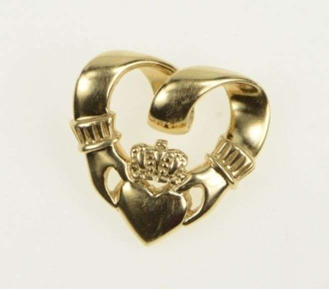 14K Yellow Gold Heart Claddagh Traditional Celtic Love Loyalty Pendant