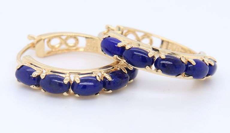 Lovely Yellow Gold Lapis Cab Hoop Earrings