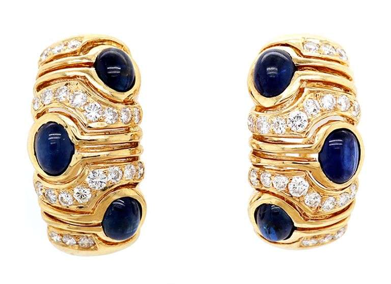 3.00ctw Sapphire Cabochon and 0.65ctw Diamond J Hoop Earrings in 18K