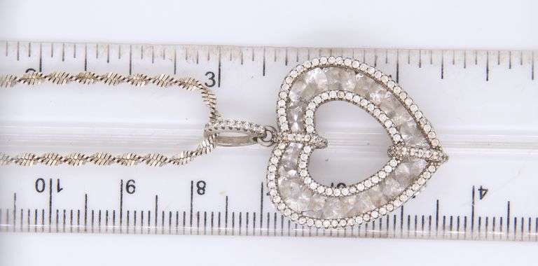 Vintage 925 Sterling Silver Cubic Zirconia Heart Shaped Pendant on Italian Rope Chain Necklace