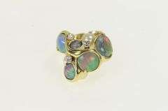 14K Yellow Gold Modernist Retro Opal Pearl Diamond Cluster Ring
