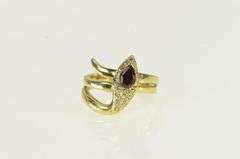 14K Yellow Gold Pear Ruby Pave Diamond Snake Serpent Ring