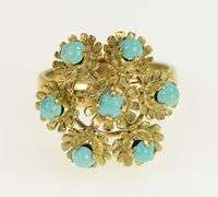 14K Yellow Gold Turquoise Ornate Vintage Floral Cocktail Ring