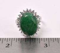 Mesmerizing 11.00CTS Oval Cabochon-Cut Emerald & 1.00CTW White Sapphire Ring in Sterling Silver