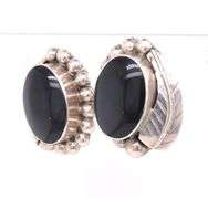 Vintage 925 Sterling Silver Mexico Black Onyx Clip Earrings