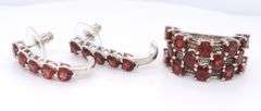 Set of 925 Sterling Silver Garnet Ring and Earrings