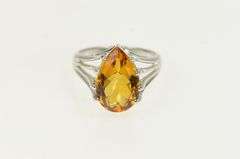 14K White Gold Pear Cut Citrine Solitaire Vintage Cocktail Ring