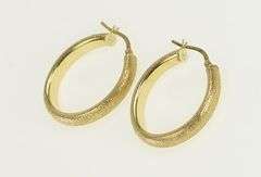 14K Yellow Gold 26mm Oval Textured Vintage Statement Hoop Earrings
