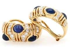 3.00ctw Sapphire Cabochon and 0.65ctw Diamond J Hoop Earrings in 18K