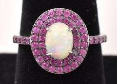Radiant 2.3CTS Opal & 0.96CTW Ruby Ring in Sterling Silver