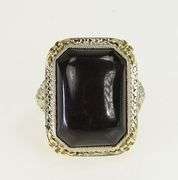 14K Yellow Gold Art Deco Black Onyx Filigree Statement Ring