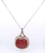 Vintage 925 Sterling Silver Mexico Signed Coral Pendant on Box Chain Necklace