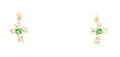 14K Yellow Gold Green & White CZ Cross Christian Faith Stud Earrings