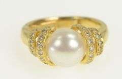 14K Yellow Gold Pearl Diamond Spiral Corkscrew Statement Ring