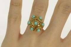 14K Yellow Gold Turquoise Ornate Vintage Floral Cocktail Ring