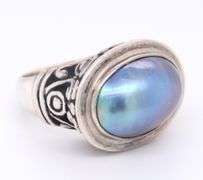 Set of Vintage 925 Sterling Silver Grey Pearl Bangle and Ring