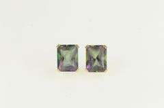 14K Yellow Gold Emerald Cut Mystic Topaz Vintage Stud Earrings