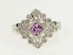 14K White Gold Pink Sapphire Diamond Ornate Filigree Ring